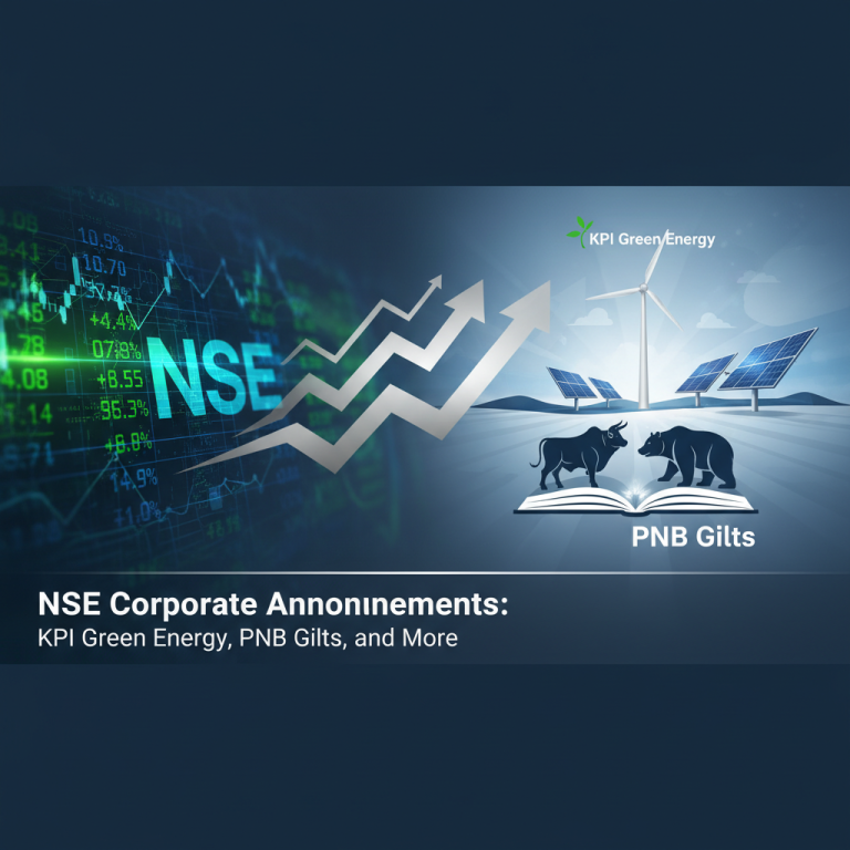 A professional image representing stock market updates with "NSE" and symbols for KPI Green Energy and PNB Gilts.