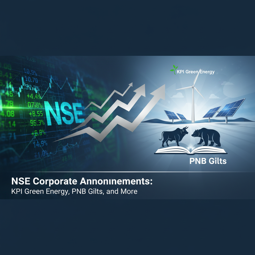 A professional image representing stock market updates with "NSE" and symbols for KPI Green Energy and PNB Gilts.