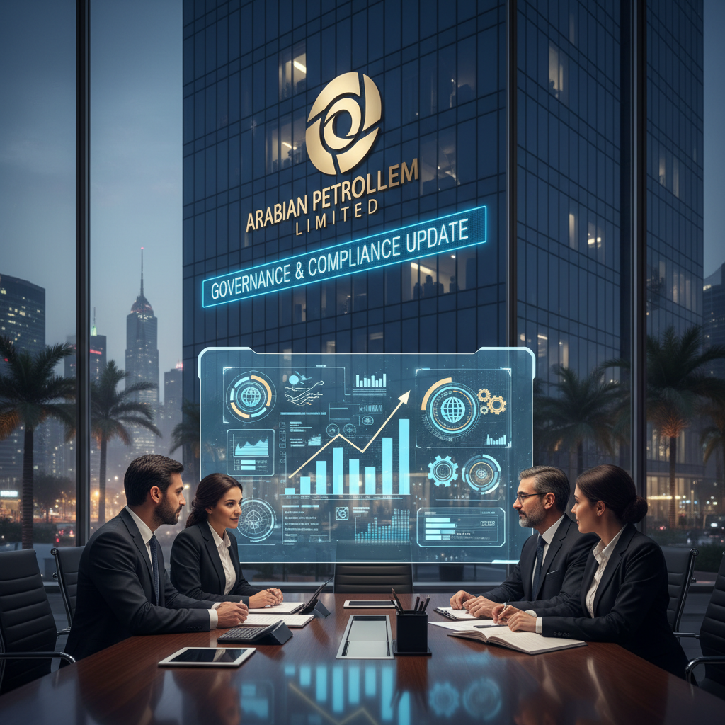 Four professionals in a boardroom with digital overlays of financial data and the company logo.