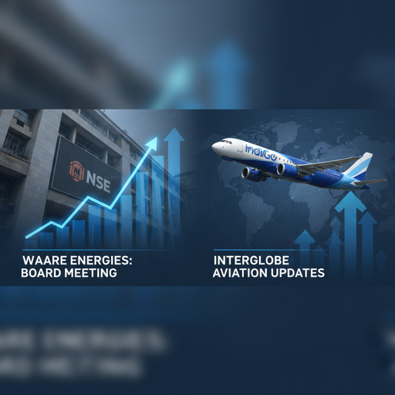 A split image showing the NSE building with an upward trend chart and an InterGlobe Aviation (IndiGo) airplane.
