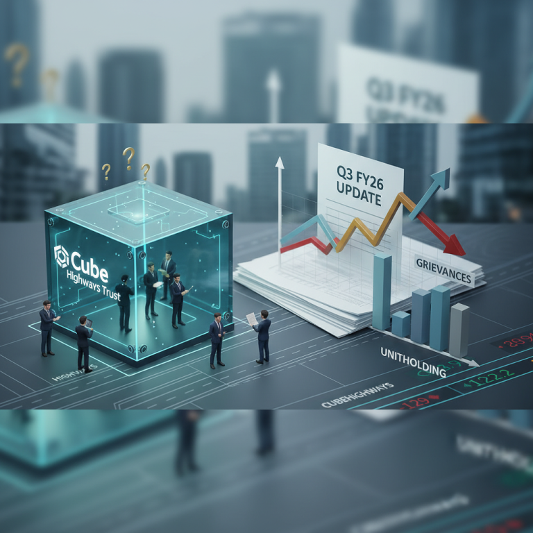 An image showing investors discussing around a holographic cube that represents Cube Highways Trust with financial graphs.