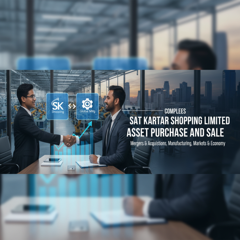 Two businessmen shaking hands with corporate logos and financial graphics, representing a merger or acquisition.