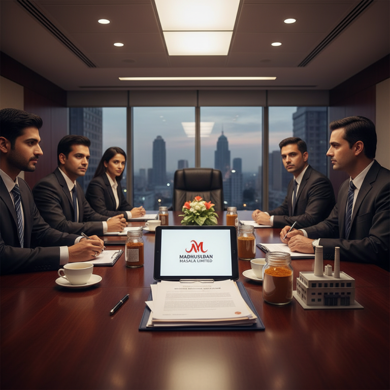 A professional image of a board meeting for Madhusudan Masala Limited with city skyline.