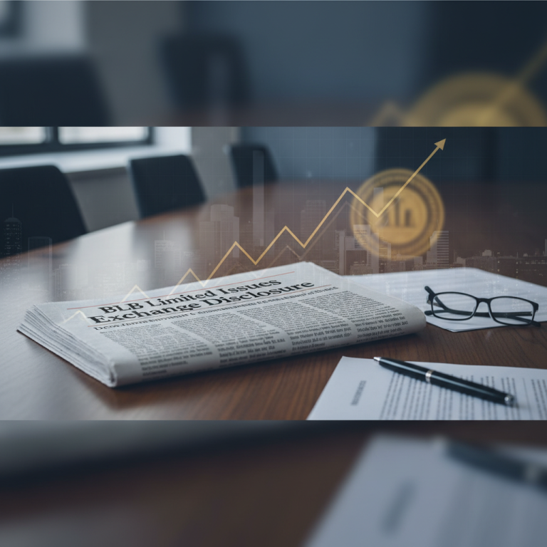 A newspaper on a wooden conference table, headlined "BLB Limited Issues Exchange Disclosure," with a rising stock graph overlay.