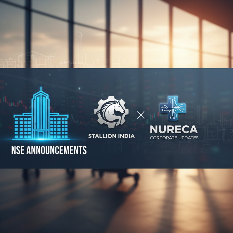 Professional image for an article on NSE announcements, featuring logos of Stallion India and Nureca against a market background.