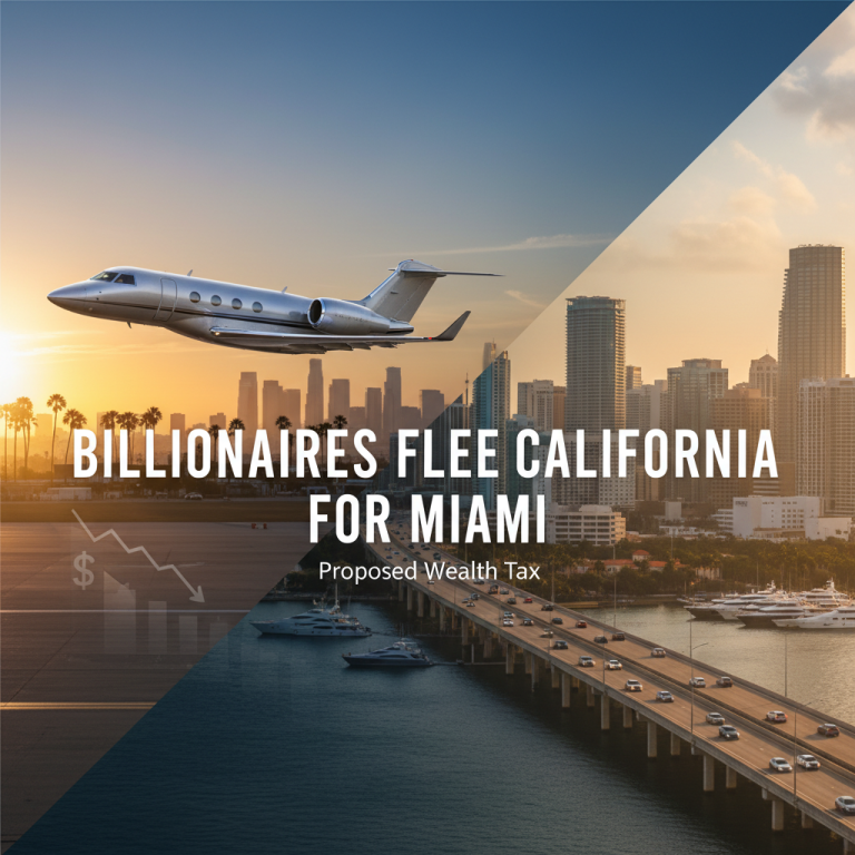 A private jet flying away from a sunset over a California-like cityscape towards the Miami skyline with a graph of declining wealth.