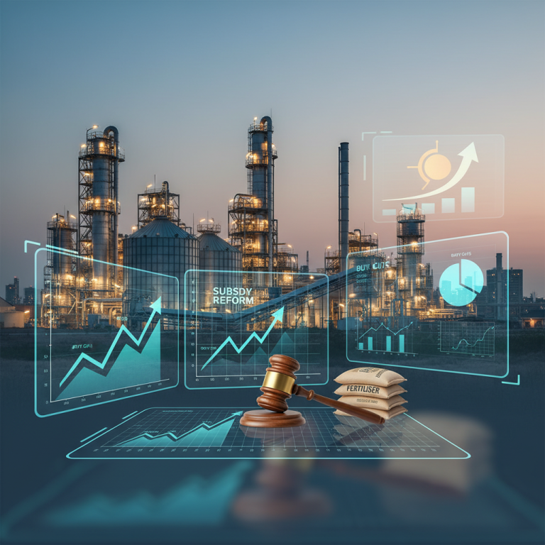 An industrial complex at dusk with overlaid holographic financial charts, a gavel, and fertiliser bags.