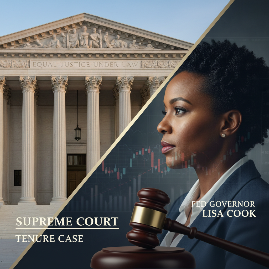 Split image: U.S. Supreme Court building and a portrait of Lisa Cook with market charts, gavel, and text.