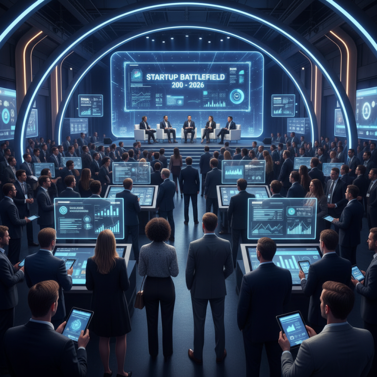 A professional tech event with a panel on stage and an audience viewing holographic data, titled "Startup Battlefield 200 - 2026."