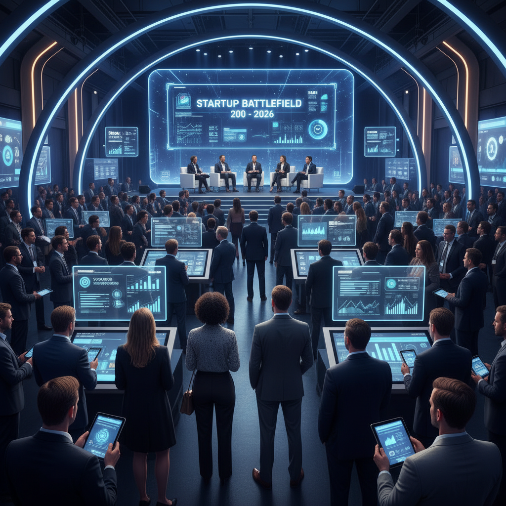 A professional tech event with a panel on stage and an audience viewing holographic data, titled "Startup Battlefield 200 - 2026."
