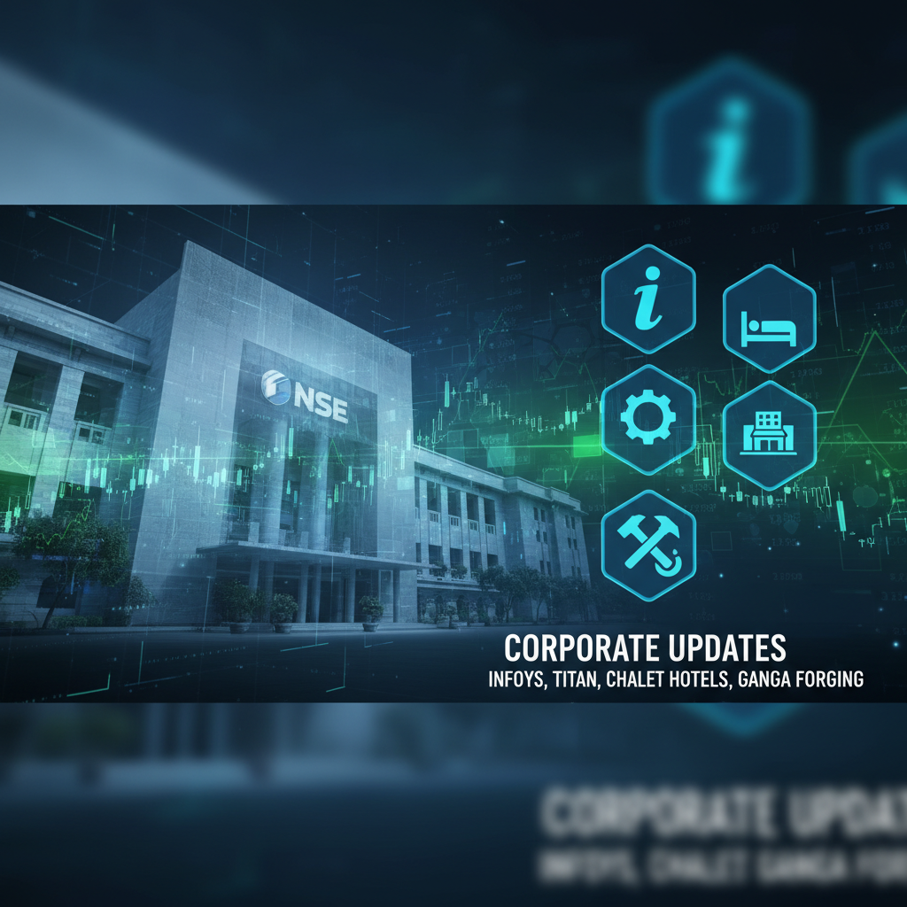 Digital illustration of the NSE building with overlaid financial charts and icons representing Infosys, Titan, Chalet Hotels, and Ganga Forging.