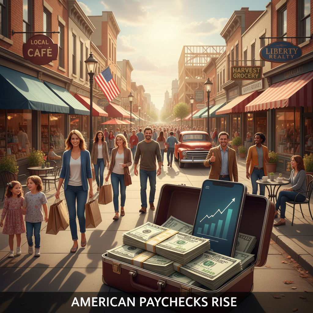 Busy American Main Street with people, shops, and a briefcase full of money and a phone showing an upward trend.