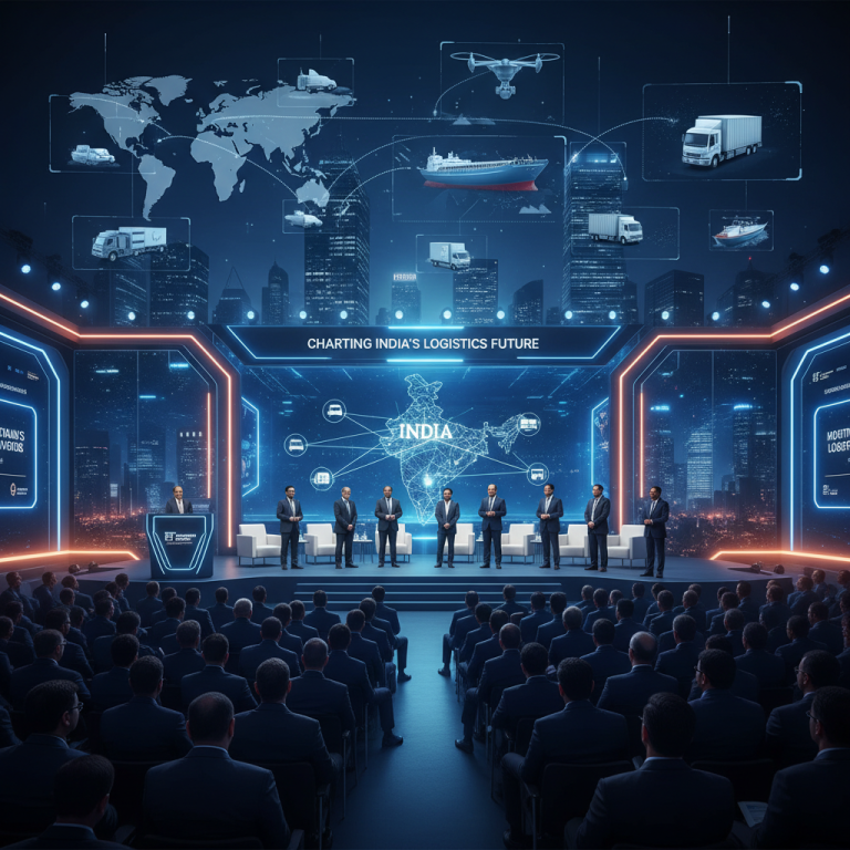 An image showing a panel discussion at the ET Supply Chain & Logistics Conclave 2026, with an audience and futuristic logistics graphics.