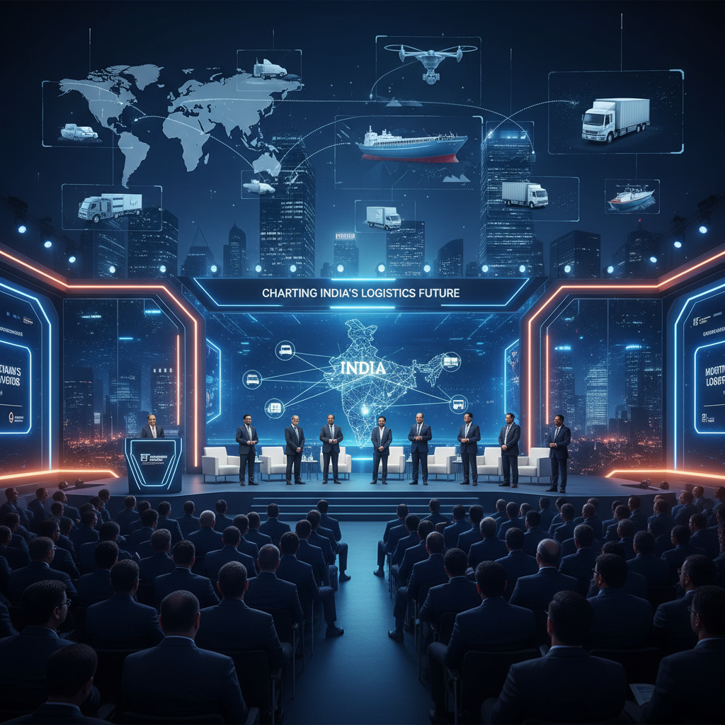 An image showing a panel discussion at the ET Supply Chain & Logistics Conclave 2026, with an audience and futuristic logistics graphics.