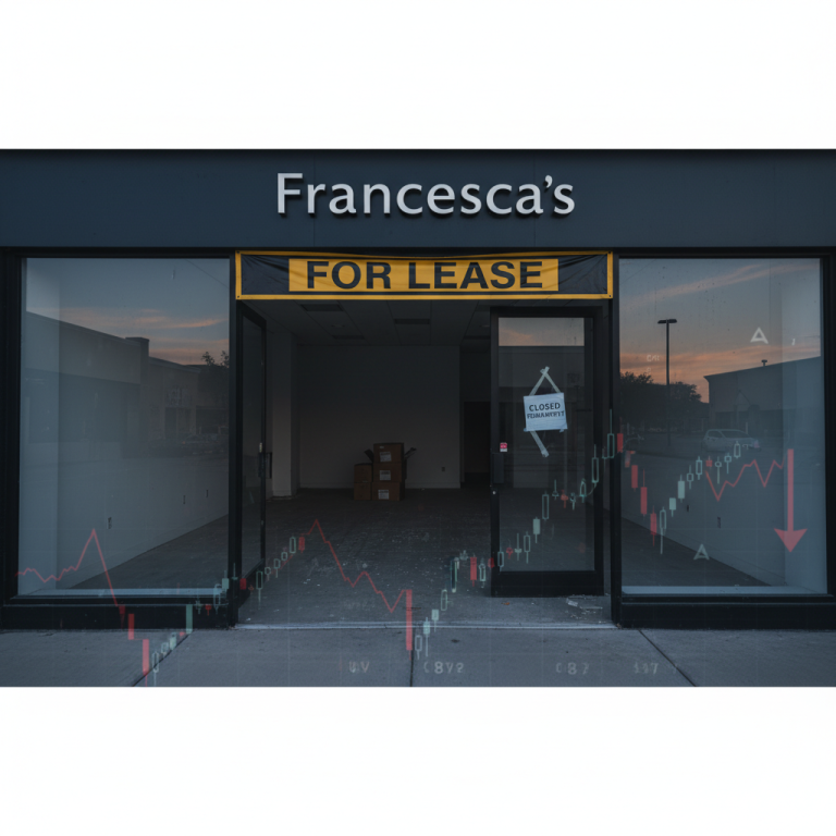 An empty Francesca's store with a "For Lease" sign and downward-trending stock market graphics overlay.