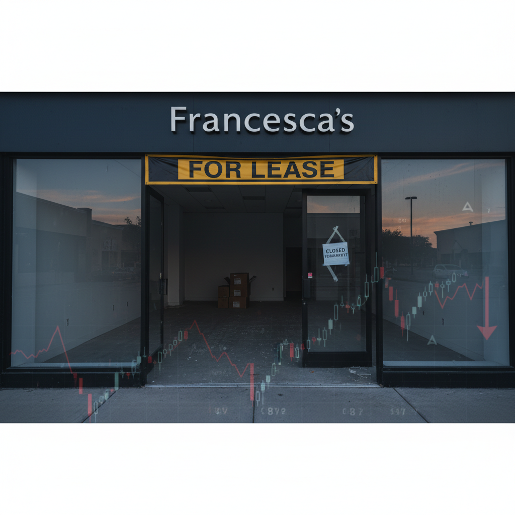 An empty Francesca's store with a "For Lease" sign and downward-trending stock market graphics overlay.