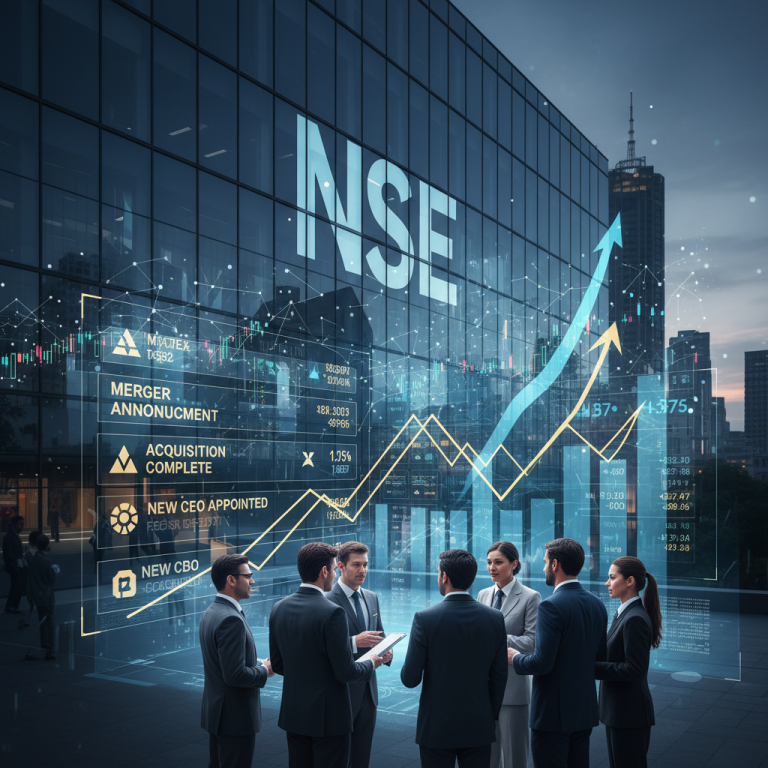 Business professionals review financial data on a modern building displaying "NSE" and a rising stock graph.