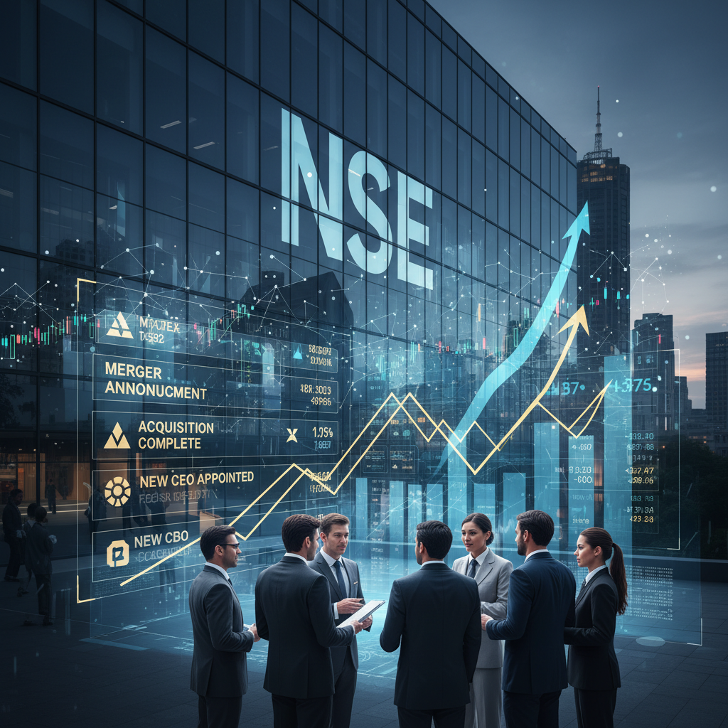 Business professionals review financial data on a modern building displaying "NSE" and a rising stock graph.