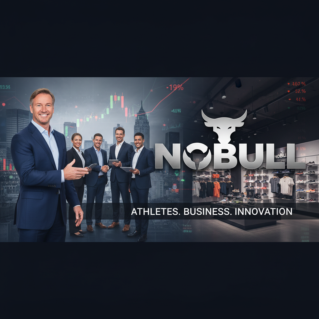 Peyton Manning with business team, NOBULL logo, stock market overlay, and a retail store.