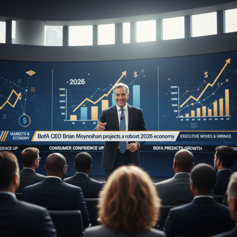 Bank of America CEO Brian Moynihan presents economic projections with growth charts on a large screen to an attentive audience.
