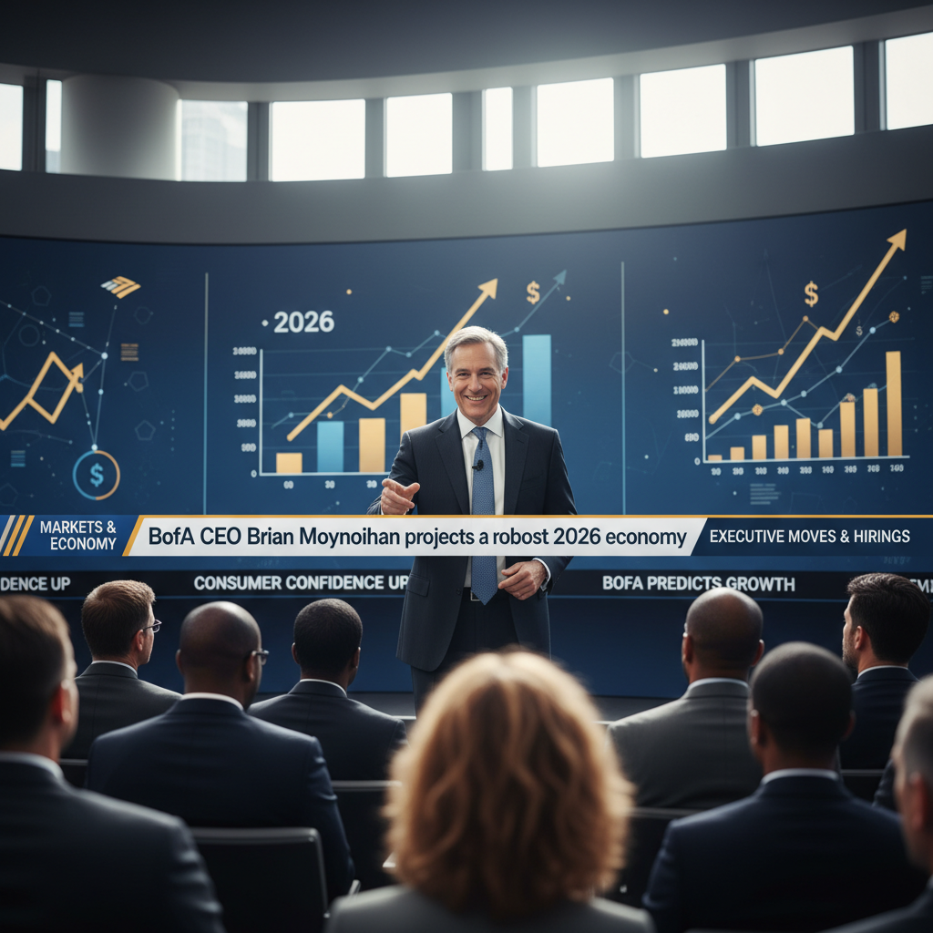 Bank of America CEO Brian Moynihan presents economic projections with growth charts on a large screen to an attentive audience.