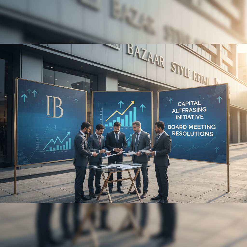 Five smartly dressed businessmen discussing papers in front of a modern retail building with financial graphics on screens.