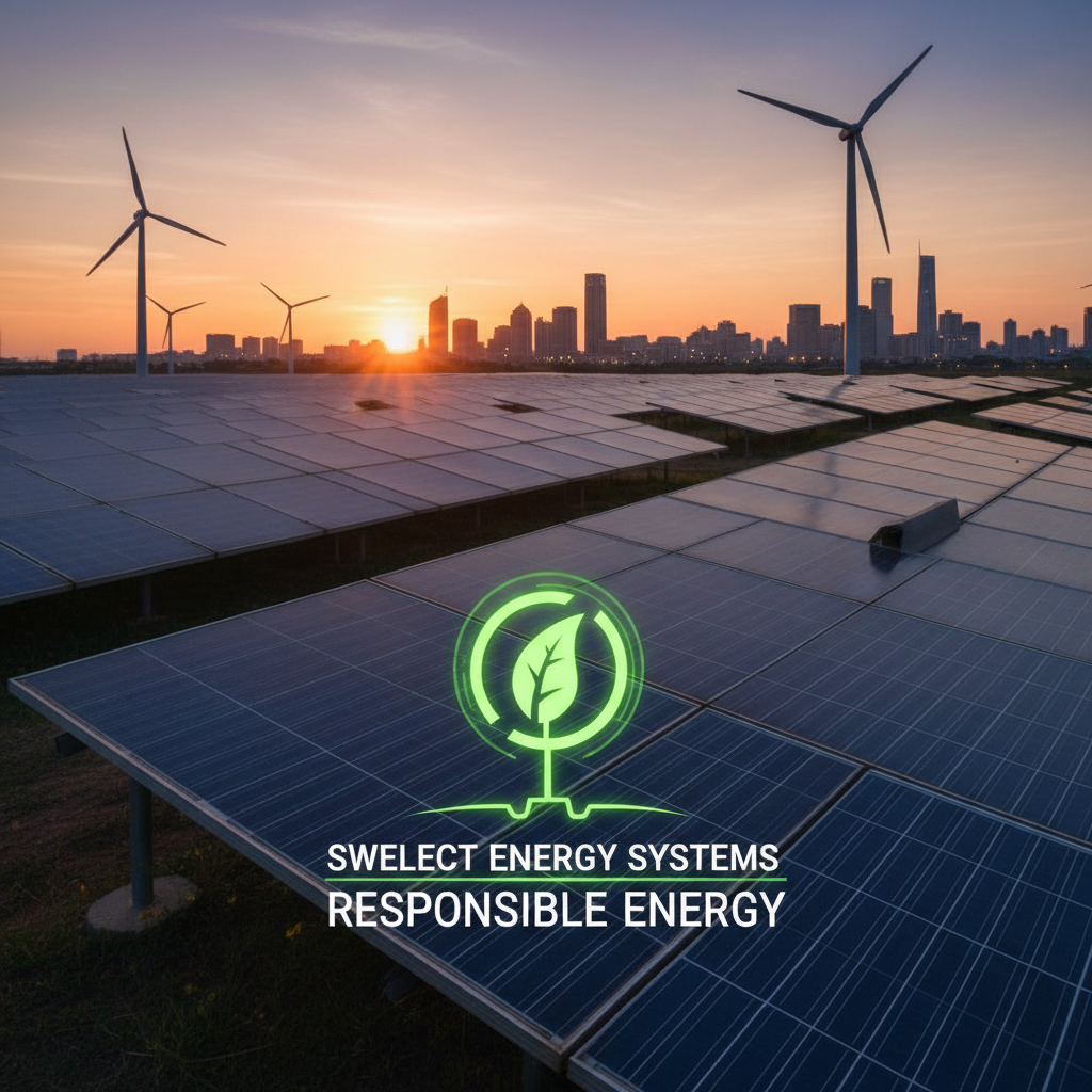 Solar panels and wind turbines at sunset with a city skyline, representing responsible energy.