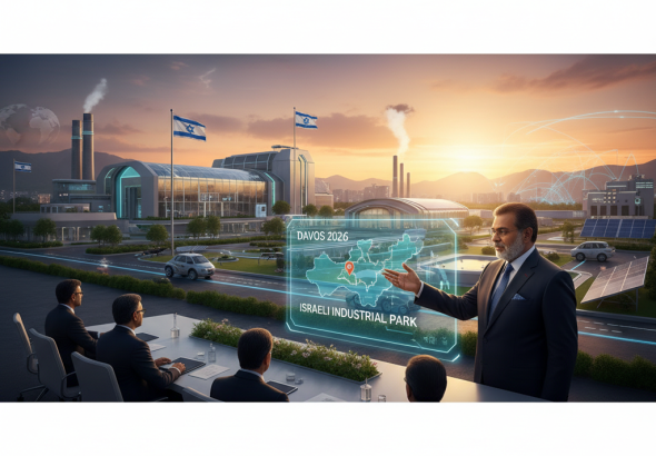A man in a suit presents a holographic map of an industrial park with Israeli flags, factory background.