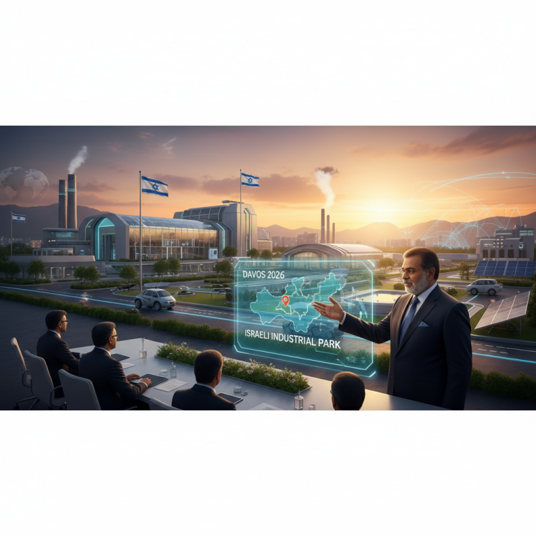 A man in a suit presents a holographic map of an industrial park with Israeli flags, factory background.