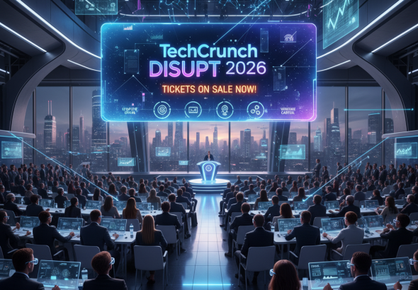 A professional tech conference hall with a neon "TechCrunch Disrupt 2026" sign, audience, and city skyline.