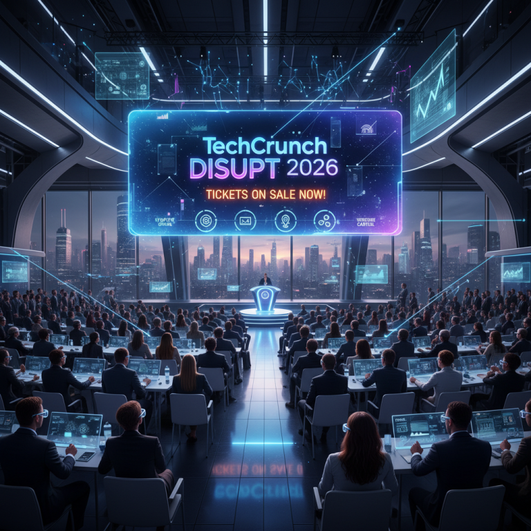 A professional tech conference hall with a neon "TechCrunch Disrupt 2026" sign, audience, and city skyline.