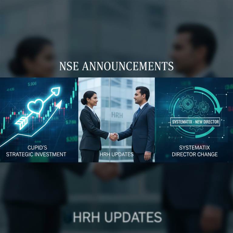 A professional collage representing market news: a rising heart-arrow graph for investments, a handshake for corporate updates, and gears for leadership change.