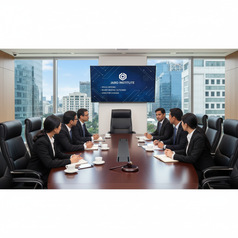 Professionals in a modern boardroom with city views, discussing stock options and corporate changes.