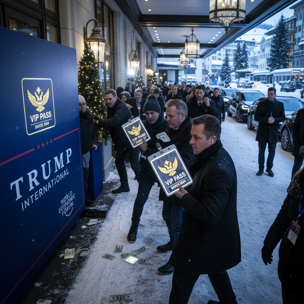 A snowy Davos street with men in black coats holding glowing "VIP Pass" signs, near a "Trump International" banner.