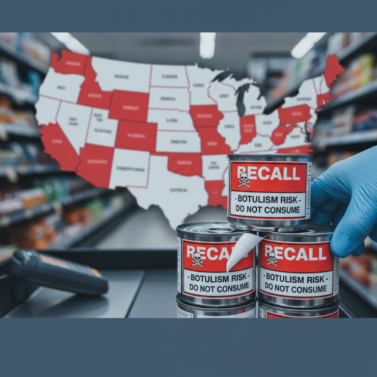 A hand in a blue glove places recalled tuna cans onto a grocery store checkout conveyor belt with a blurred US map in the background highlighting 9 states.