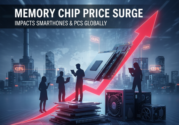 A graphic representing rising memory chip prices impacting technology with an upward red arrow, microchips, and silhouettes of people.