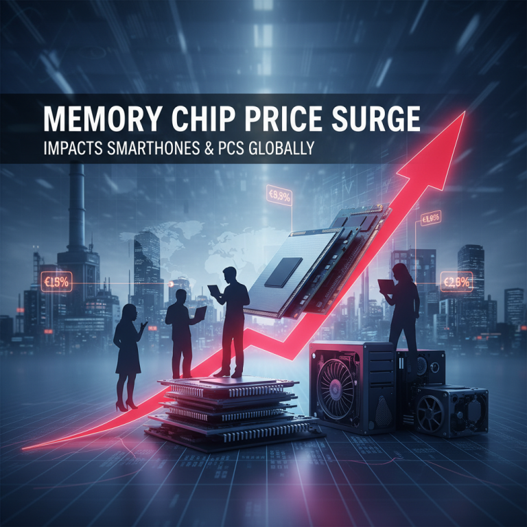 A graphic representing rising memory chip prices impacting technology with an upward red arrow, microchips, and silhouettes of people.
