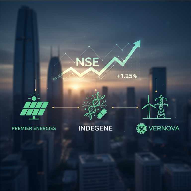 A professional image illustrating NSE announcements for Premier Energies, Indegene, and GE Vernova against a city skyline.
