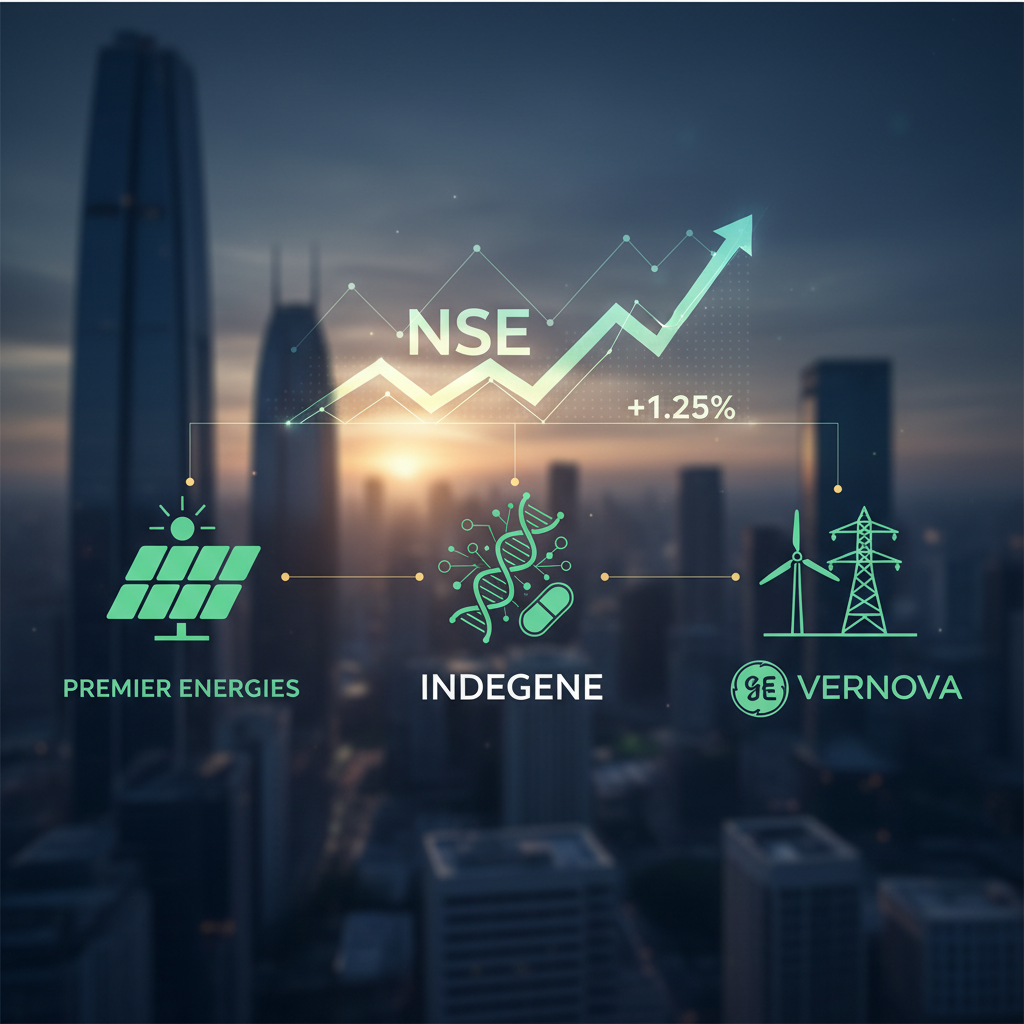 A professional image illustrating NSE announcements for Premier Energies, Indegene, and GE Vernova against a city skyline.