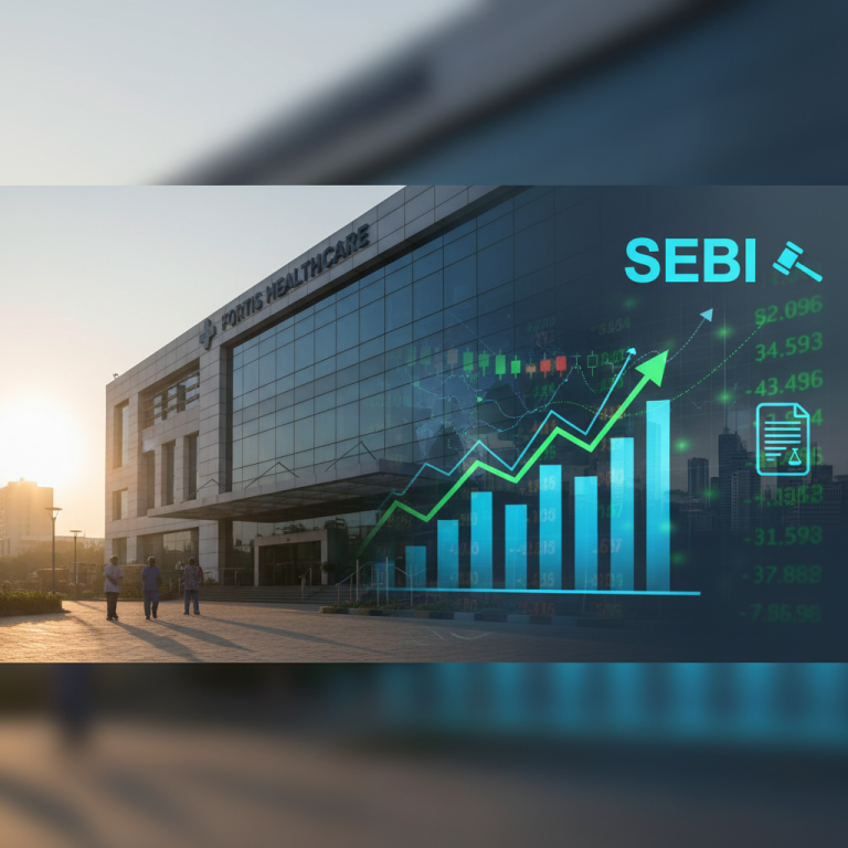 A modern office building with Fortis Healthcare logo, overlaid with financial charts and SEBI text.