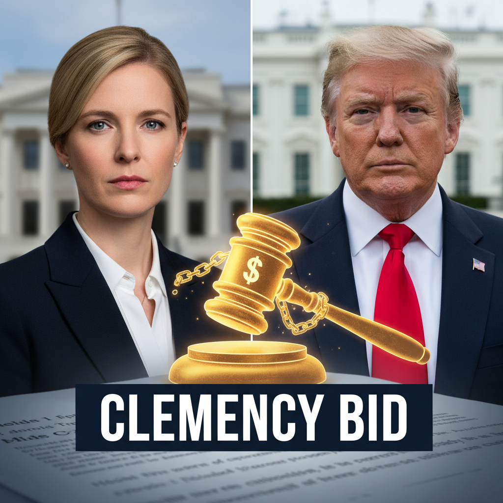 A split image of Elizabeth Holmes and Donald Trump, with a glowing golden gavel and the words "CLEMENCY BID" overlaid.