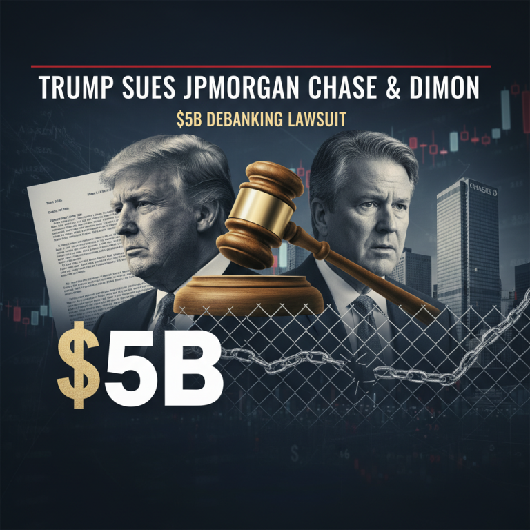 A professional visual representing the lawsuit between Donald Trump and Jamie Dimon of JPMorgan Chase.