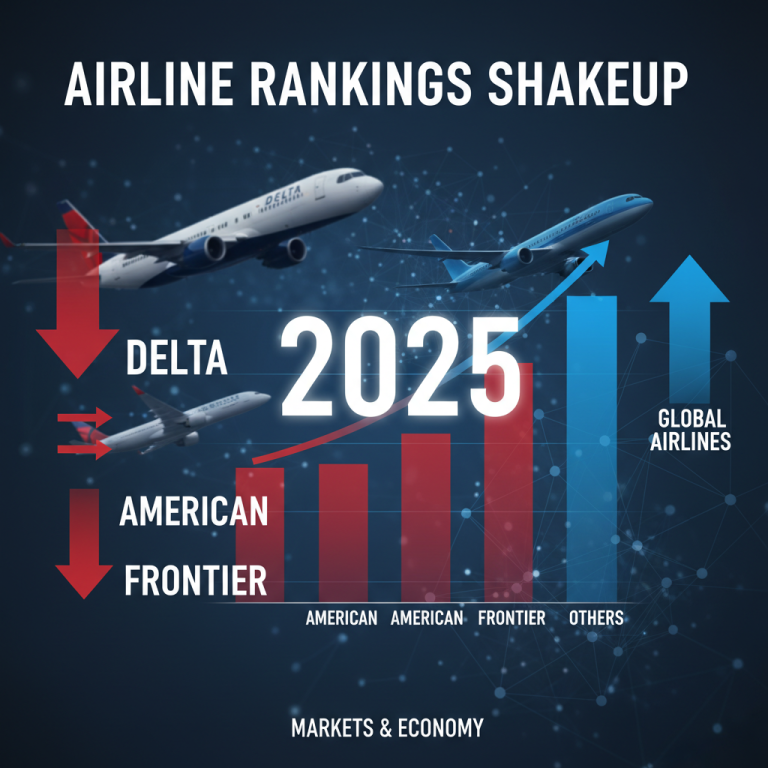 Bar chart showing airline ranking changes for 2025. Delta, American, Frontier show declines while other global airlines rise.