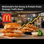 A McDonald's Hot Honey Crispy Chicken Sandwich and grilled chicken tenders with a rising arrow chart.