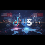 An image symbolizing the TikTok US spin-off, featuring the TikTok logo combined with "US", flags, and global tech elements.