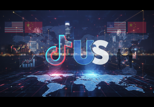 An image symbolizing the TikTok US spin-off, featuring the TikTok logo combined with "US", flags, and global tech elements.