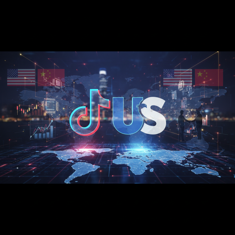 An image symbolizing the TikTok US spin-off, featuring the TikTok logo combined with "US", flags, and global tech elements.