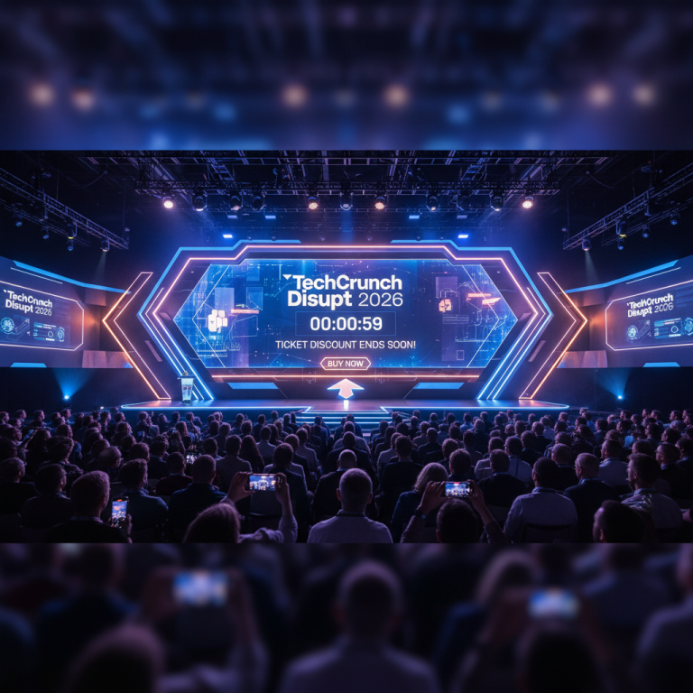 A professional image showing a vibrant stage at a tech conference with a countdown timer for TechCrunch Disrupt 2026.