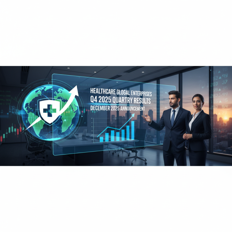 Two professionals present Q4 2025 financial results in a modern office, featuring a holographic globe and charts.