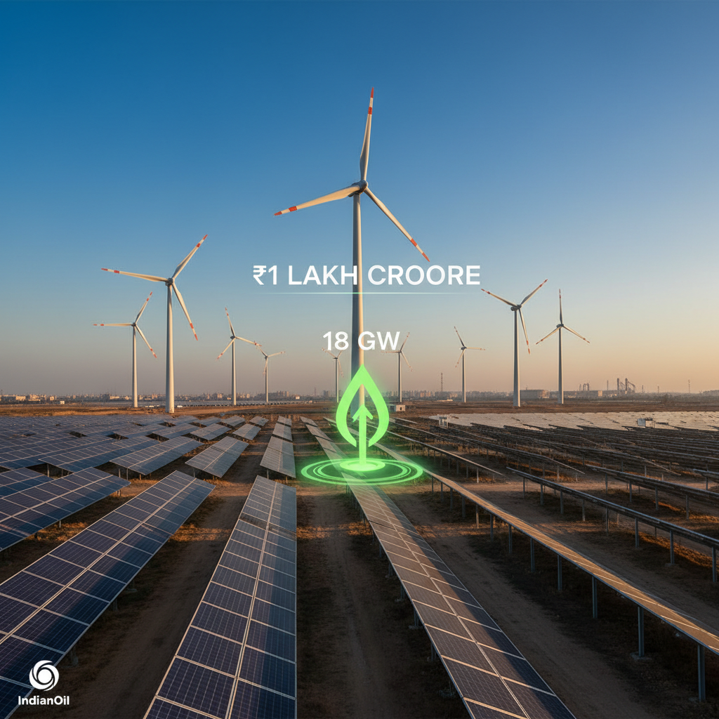 Solar panels and wind turbines under a clear sky, with text "₹1 LAKH CRORE" and "18 GW" and a green energy icon.